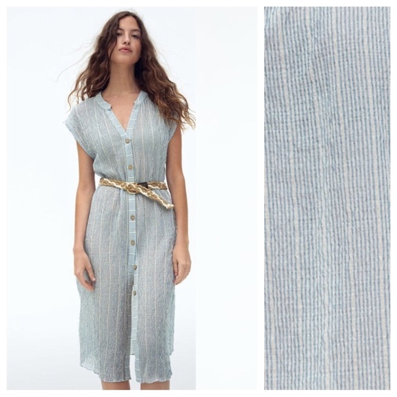 NWT. Zara Blue/White Stripped Belted Midi Shirt Dress. Size S. - Picture 2 of 8
